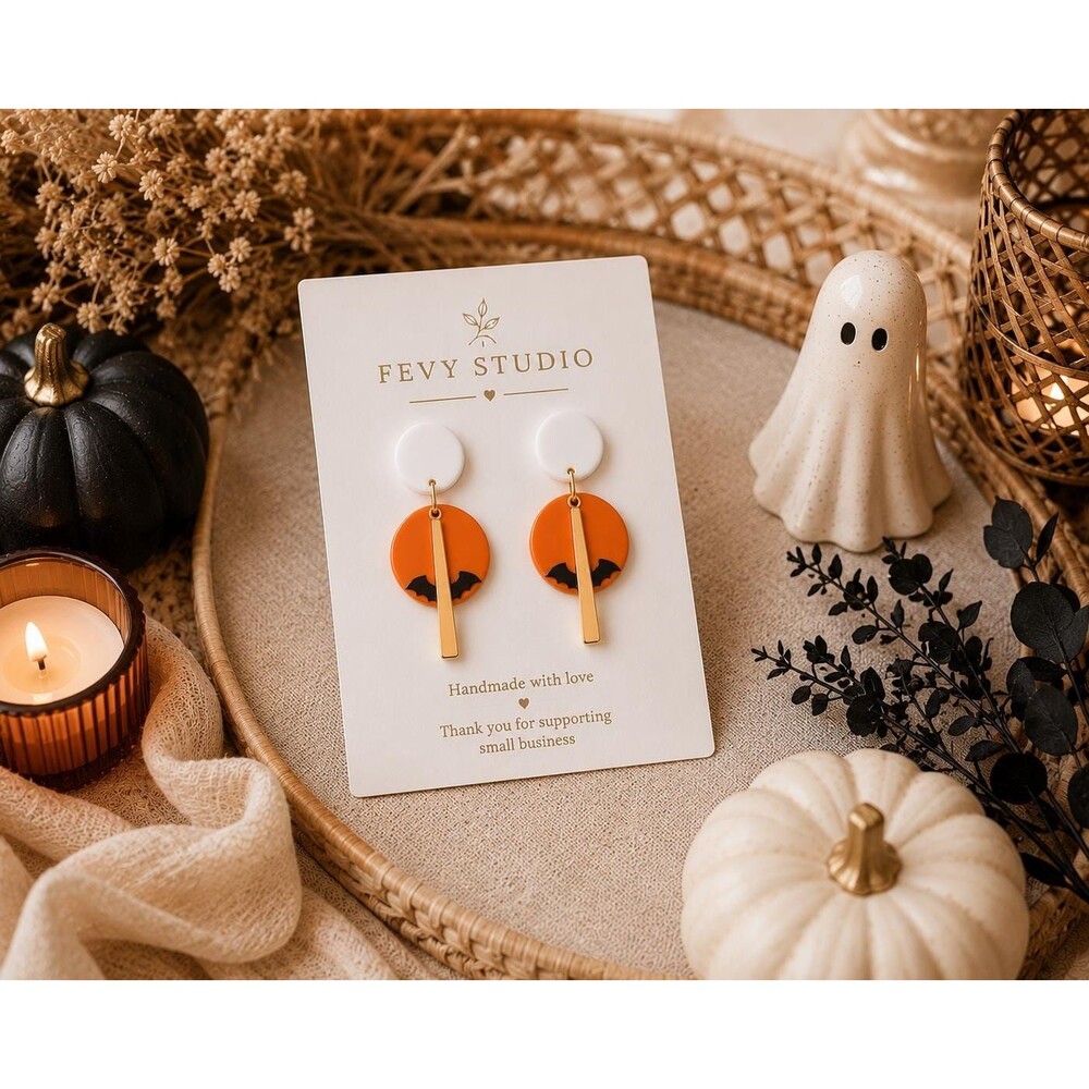 Halloween Bat Earrings | Orange Black Polymer Clay | Spooky Gift for Her